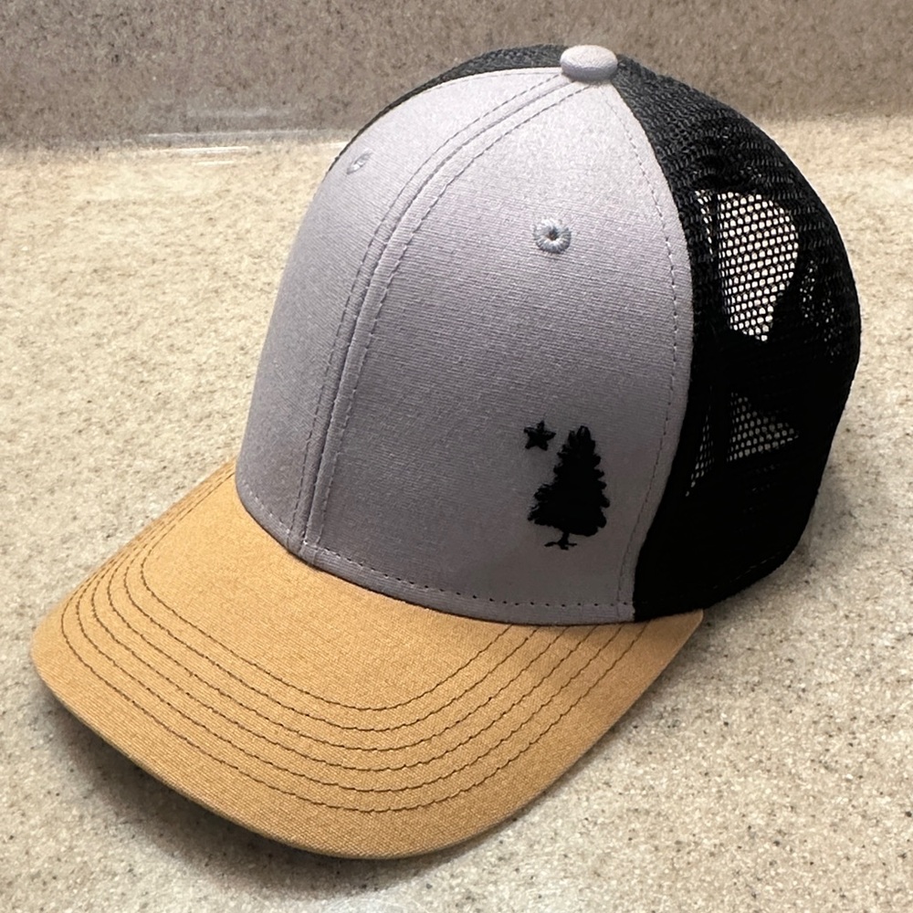 Gray and Tan Trucker Hat with Maine pine tree and star Logo